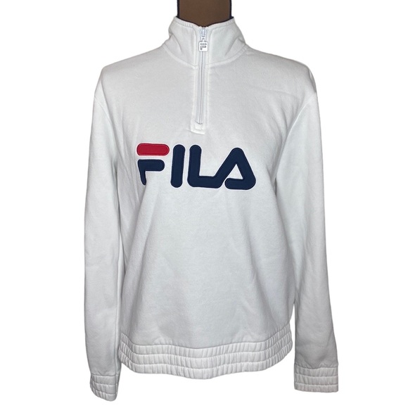Fila spell out logo embroidered quarter zip sweatshirt pullover in white size M - Picture 3 of 14